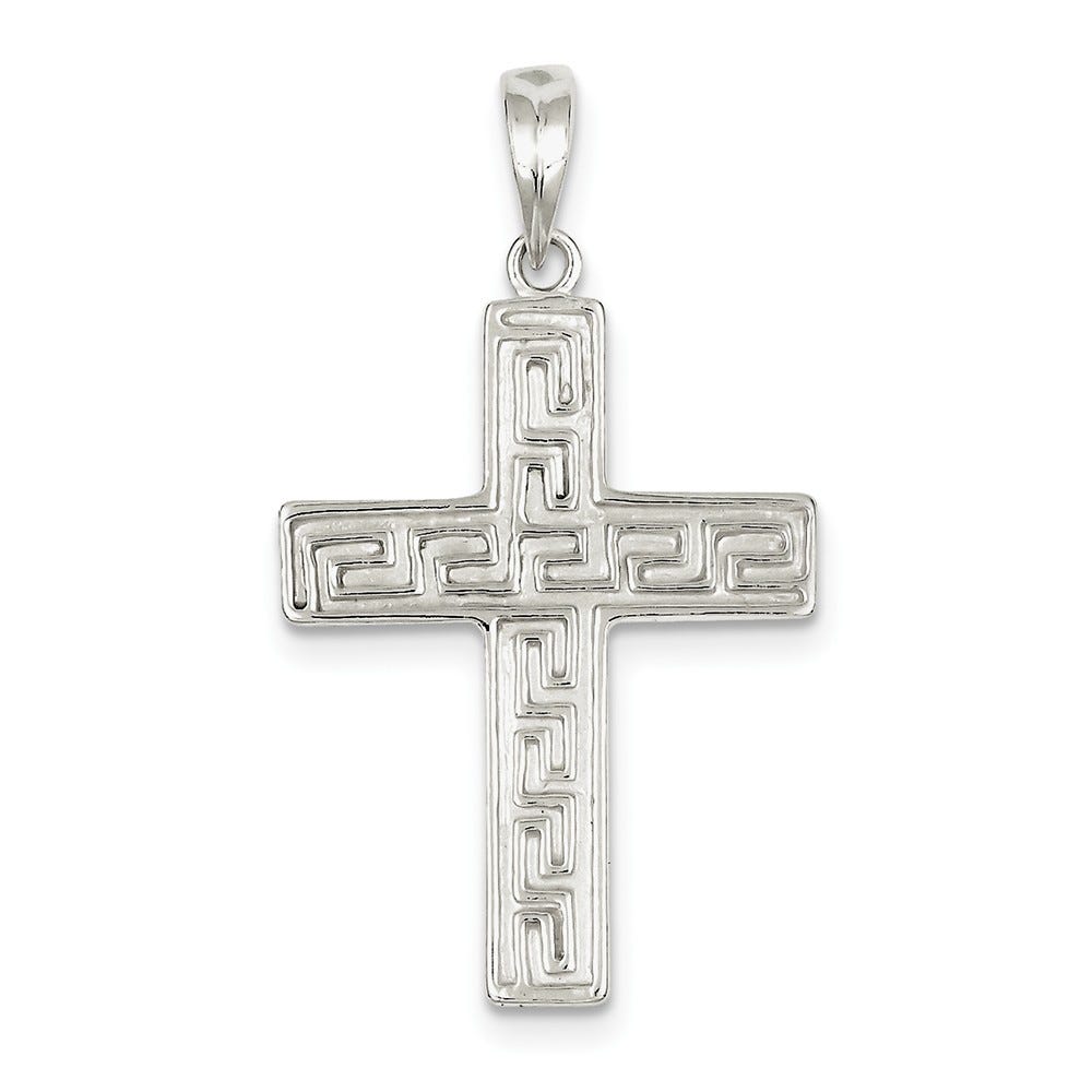 Sterling Silver Polished And Textured Greek-Key Cross Pendant