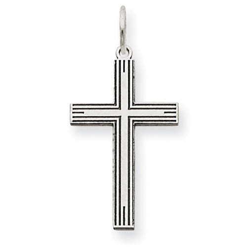 14K White Gold Laser Designed Striped Cross Pendant