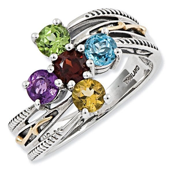 Sterling Silver & 14K Five-Stone Antiqued Mother's Ring