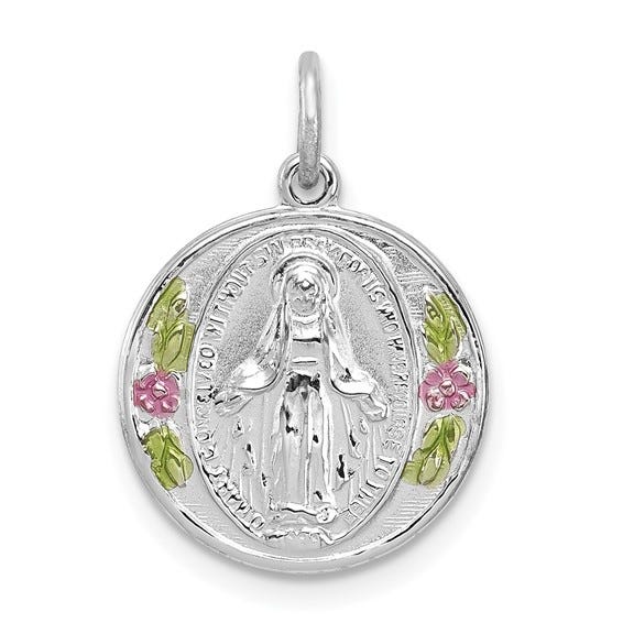 Sterling Silver Rhodium-Plated Polished Epoxy Miraculous Medal Pendant