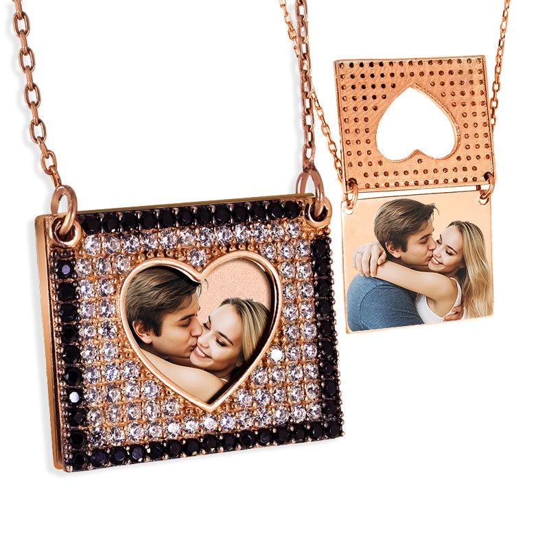 Photo Engraved Flip Up CZ Square Frame Necklace