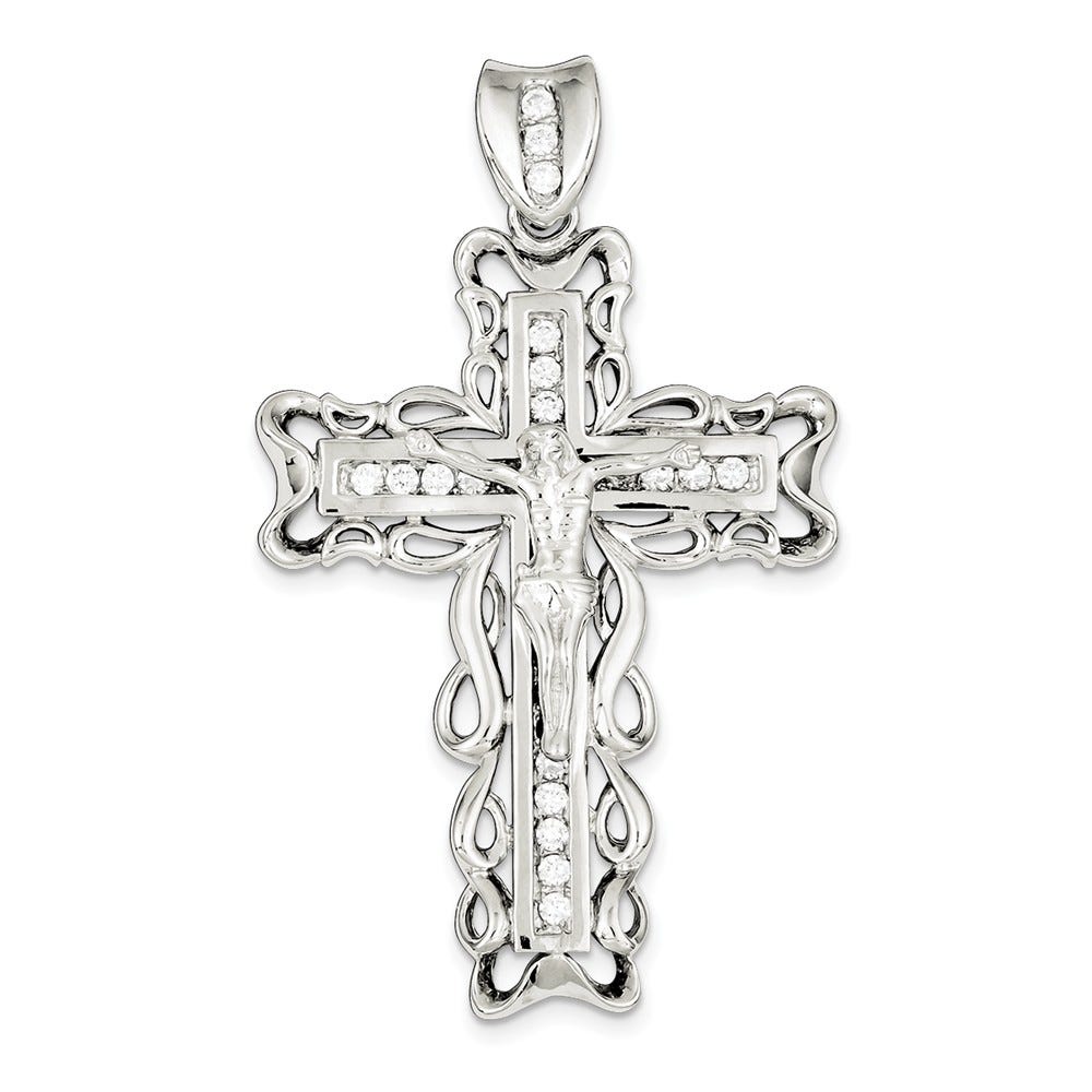 Rhodium-Plated Cz Crucifix Pendant