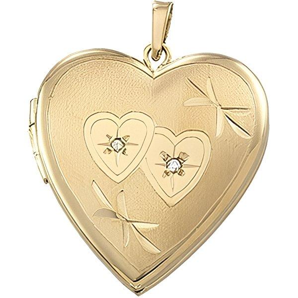 Solid 14K Yellow Gold Heart Photo Locket With Diamonds