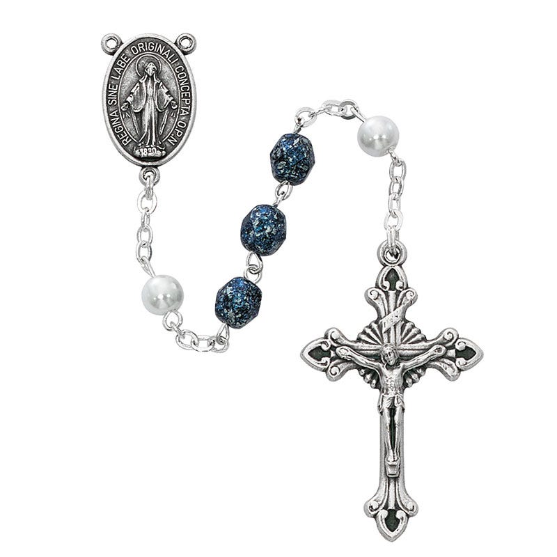 Pewter Blue Bead & Pearl Rosary