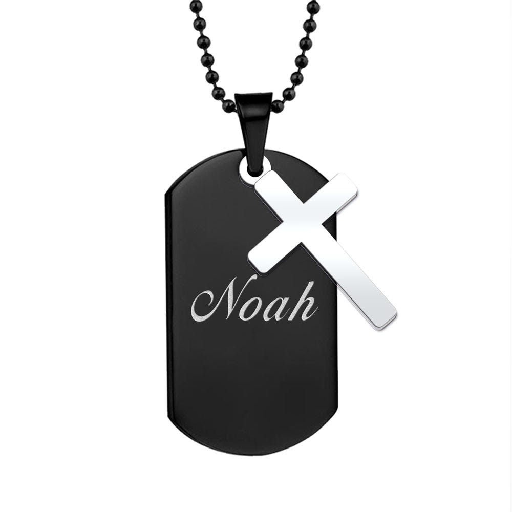 Black Stainless Steel Dog Tag with Religious Charm