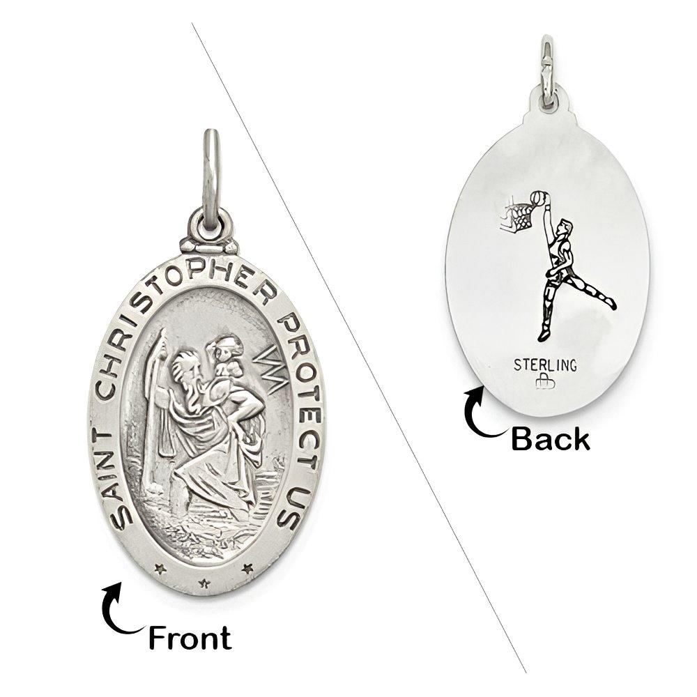 Sterling Silver Saint Christopher Double Sided Basketball Oval Religious Medal