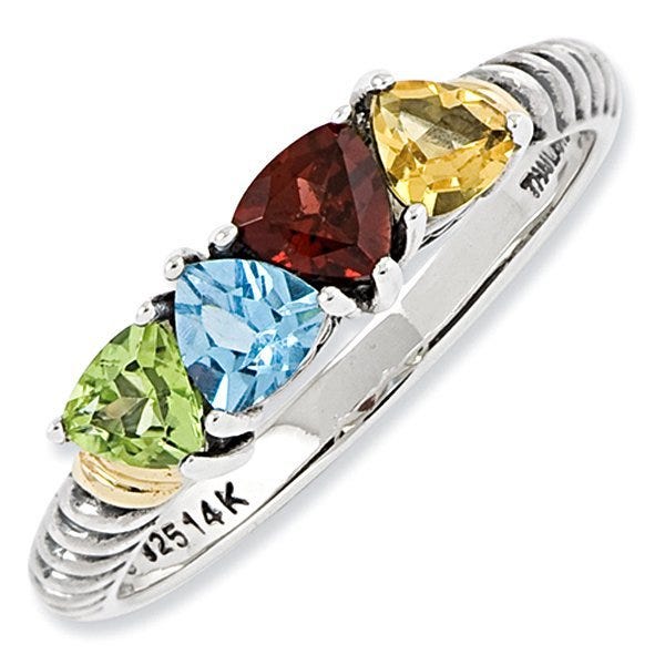 Sterling Silver & 14K Gold Antiqued Mother's Ring with Four Trillion Birthstones
