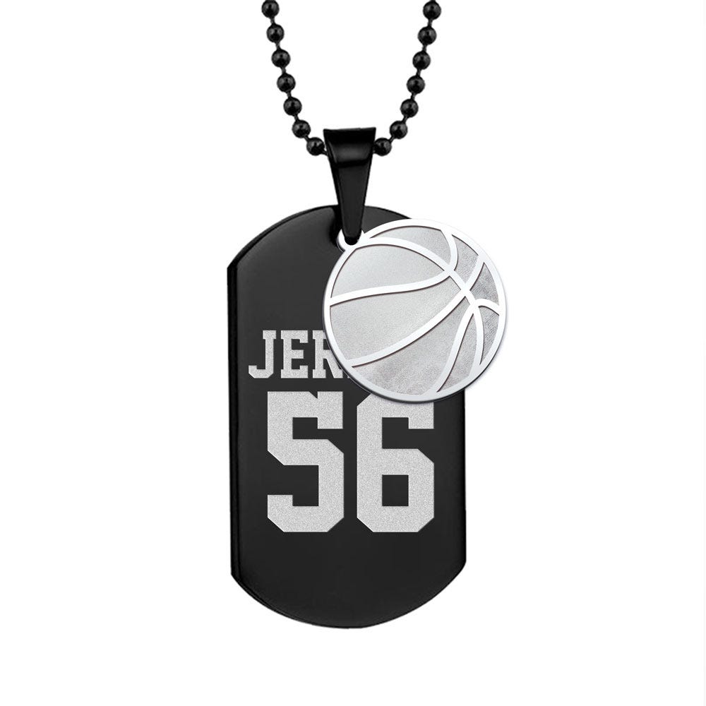 Black Stainless Steel Sports Name and Number Dog Tag with Basketball Charm