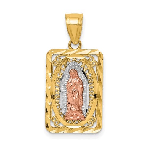 14K Tri-Color Gold Our Lady of Guadalupe Rectangle Diamond-Cut Religious Medal