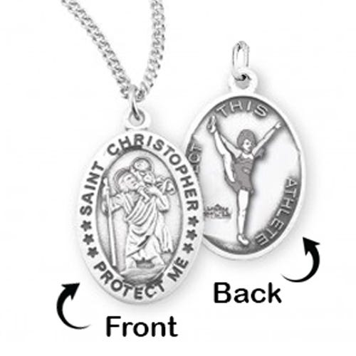 Saint Christopher Double Sided Female Cheerleader Oval Religious Medal with Chain
