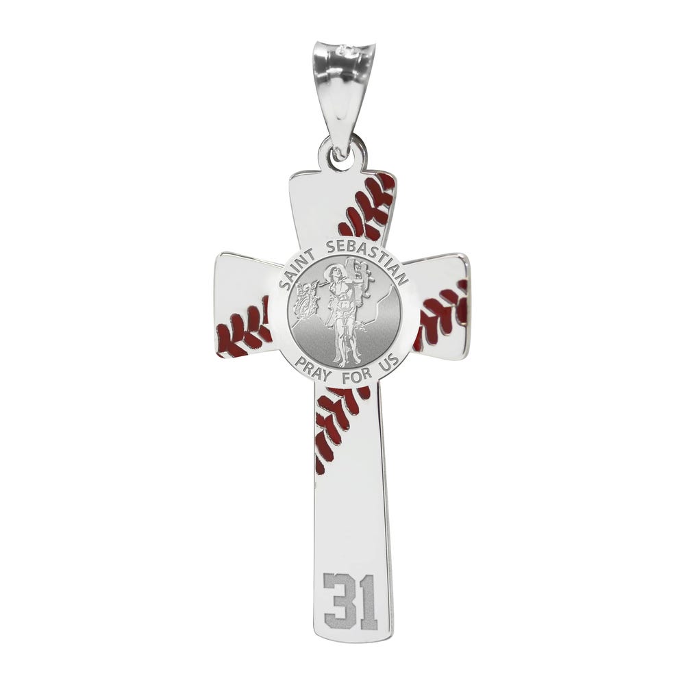 Baseball Stitched Saint Sebastian Enameled Cross Pendant With Number