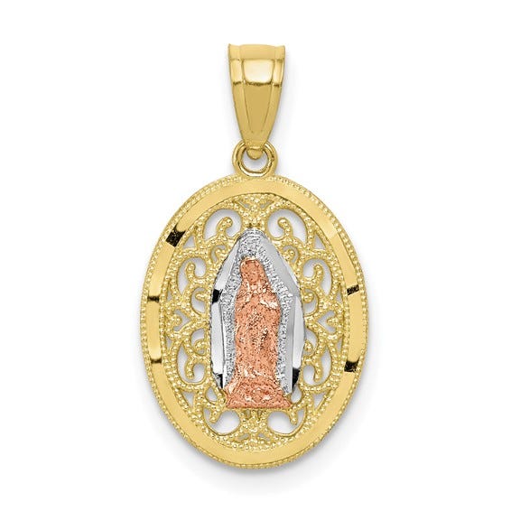 10K Tri-Color Gold Our Lady Of Guadalupe Milgrain Oval Cut-Out Religious Medal