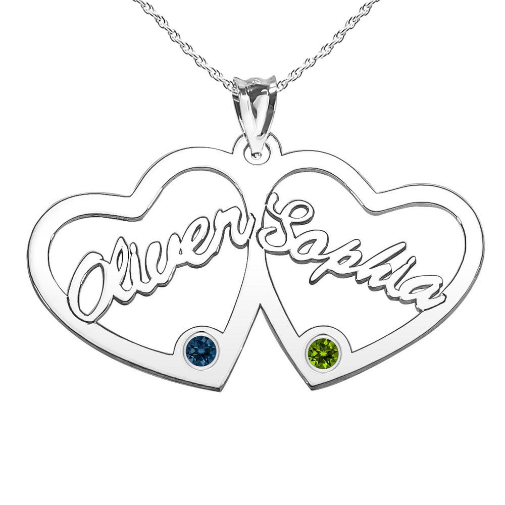 Personalized Heart Cut-Out with Pendant with 2 Birthstones & Names- Includes 18 Inch Chain