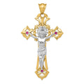 14K Two Tone Crucifix Pendant With Red Stones