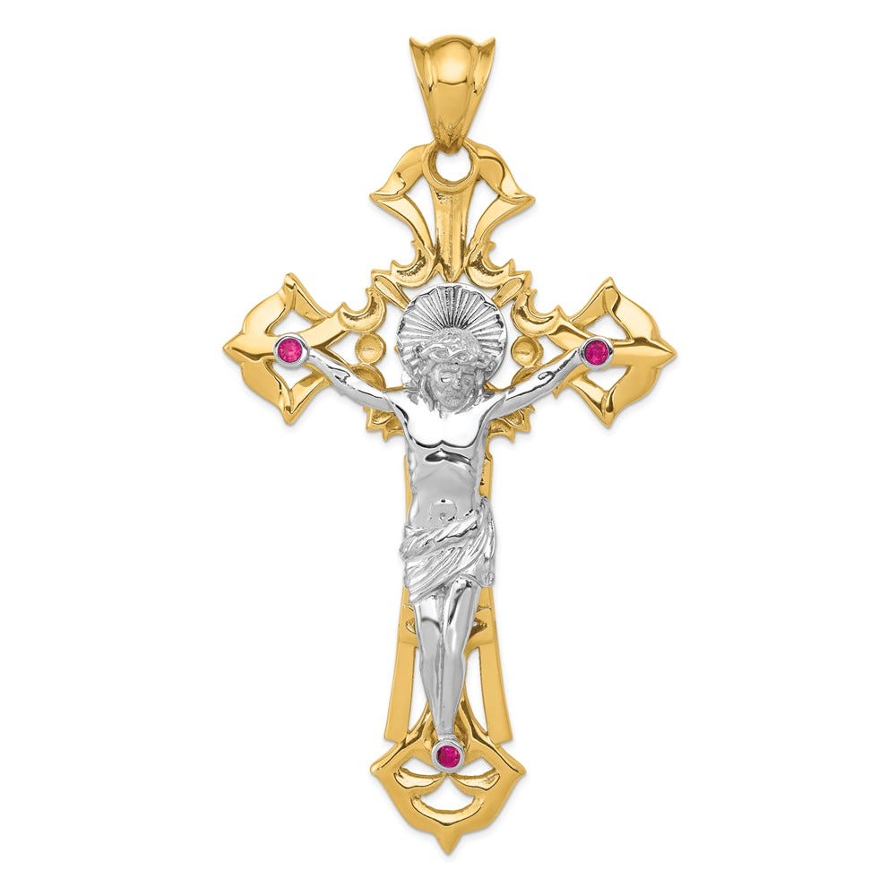 14K Two Tone Crucifix Pendant With Red Stones