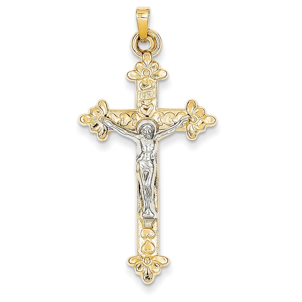 14K Two-Tone Inri Hollow Budded-Tips Crucifix Pendant