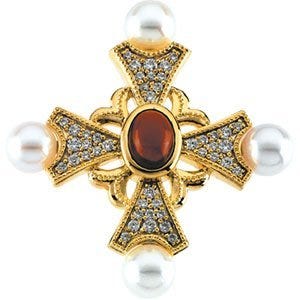 Diamond, Genuine Garnet Cabochon And Cultured Pearl Cross