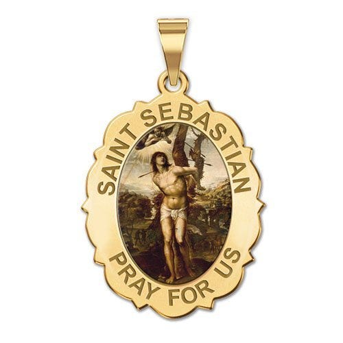 Saint Sebastian - Scalloped Oval Religious Medal "Color