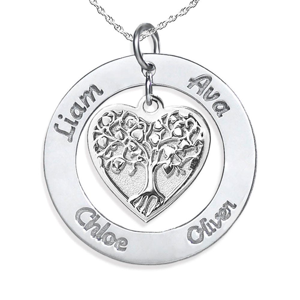 Personalized Round Family Tree Dangle Heart Pendant with Names