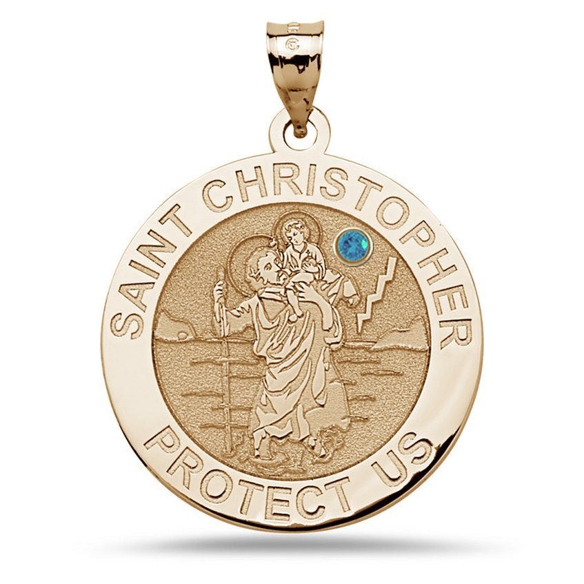 Saint Christopher Round Medal With Birthstone
