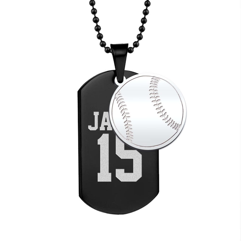 Black Stainless Steel Sports Name and Number Dog Tag with Baseball Charm