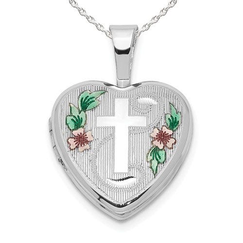 Cross With Enamel Flowers Heart Photo Locket