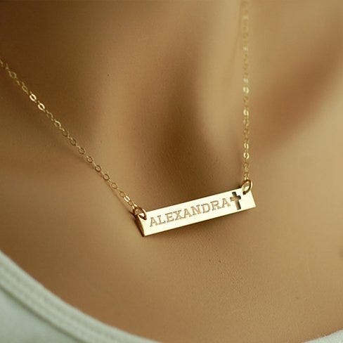 Personalized Name Bar Necklace with Cross Design & 18" Chain