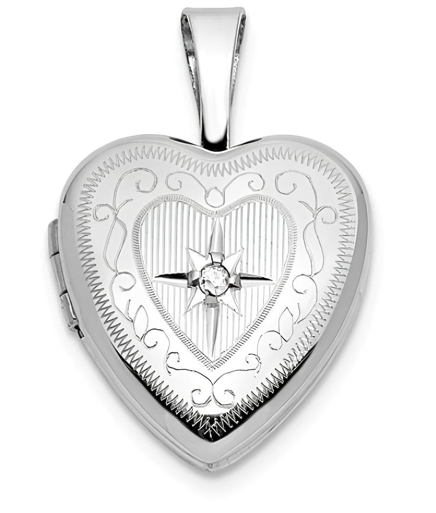 14K White Gold Small Heart Photo Locket With Diamond