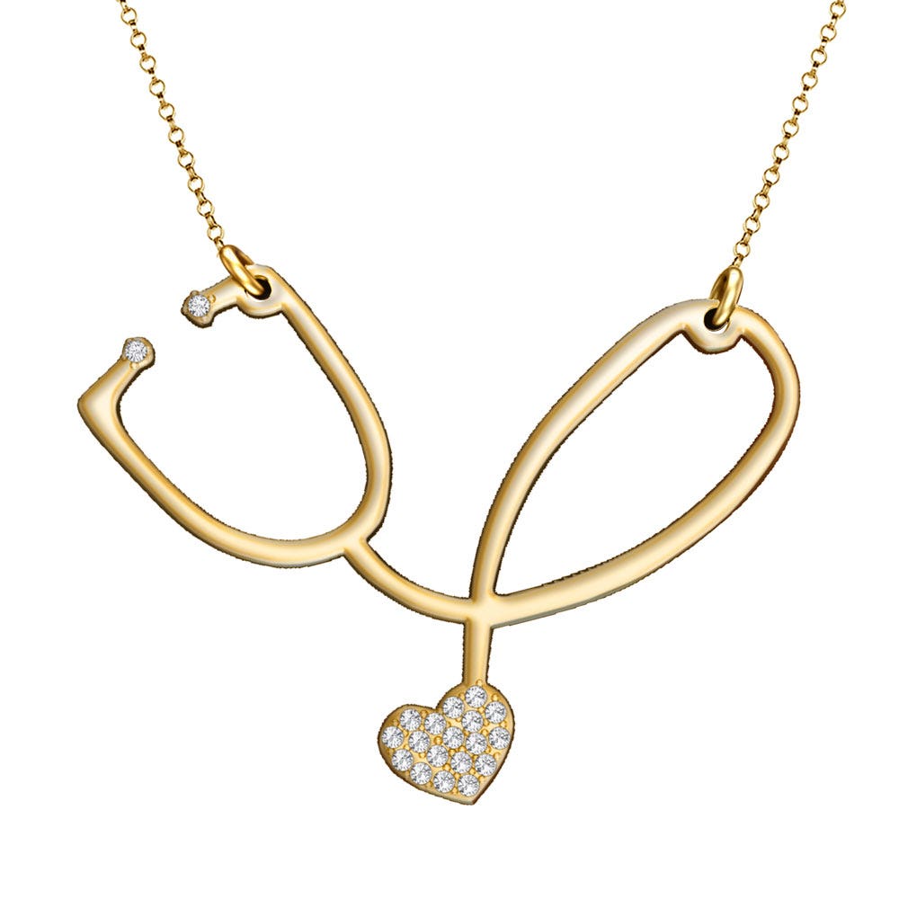 Embossed Nurse Stethoscope Necklace with CZ's - Chain Included