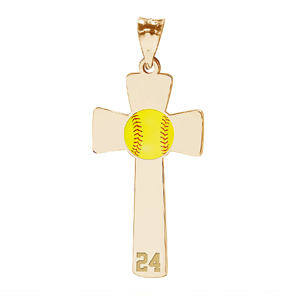 Softball Color Enameled Cross Pendant with Number