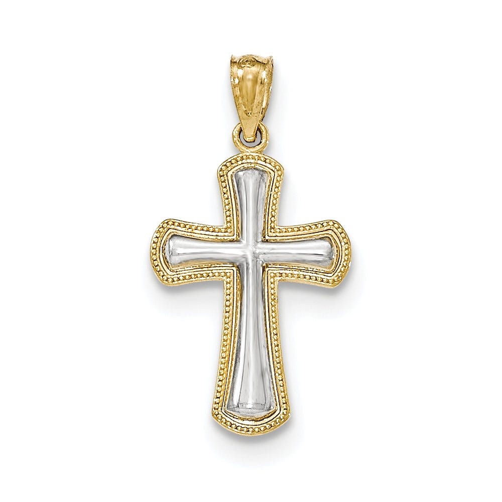 14K Gold Polished Beaded-Outline Cross Pendant