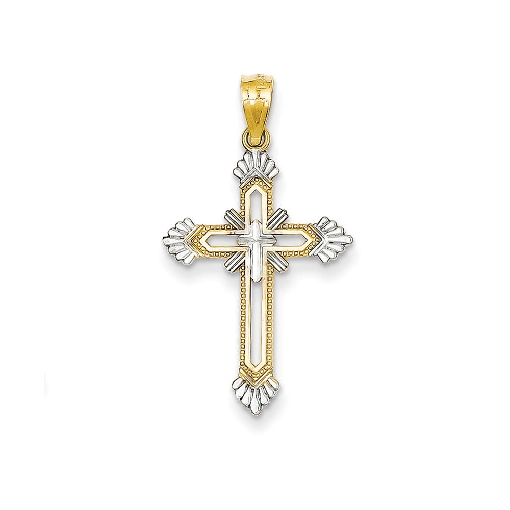 14K Diamond-Cut Rhodium Cross Pendant
