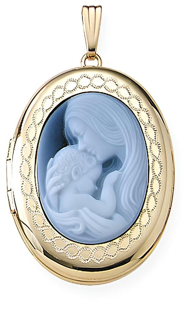 Solid 14K Yellow Gold Oval Mother & Child Cameo Locket