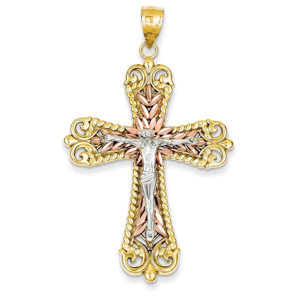 14K Tri-Color Crucifix Cross Pendant