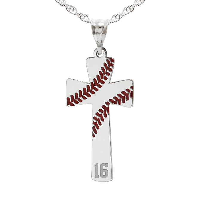 Baseball Stitch Enameled Cross Pendant with Number