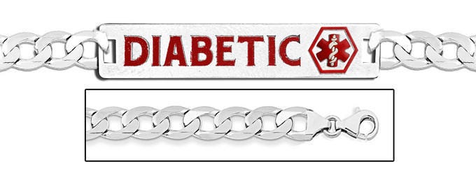 Sterling Silver Medical ID Diabetic Bracelet w/ Curb Chain W/ Red