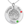 Personalized Round Family Tree Pendant with Three Birthstones & Names- Includes 18 Inch Chain