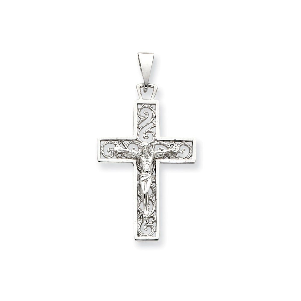 14K White Gold Scrollwork Crucifix Pendant