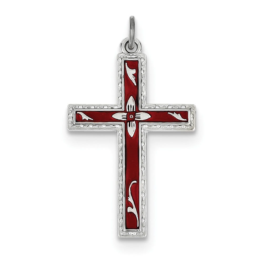 Rhodium Plated Red Enameled Cross Pendant
