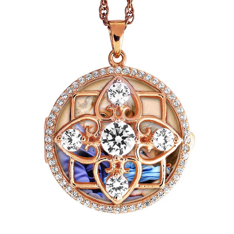 Rose Gold Round Photo Locket With Cubic Zirconias With Chain Included