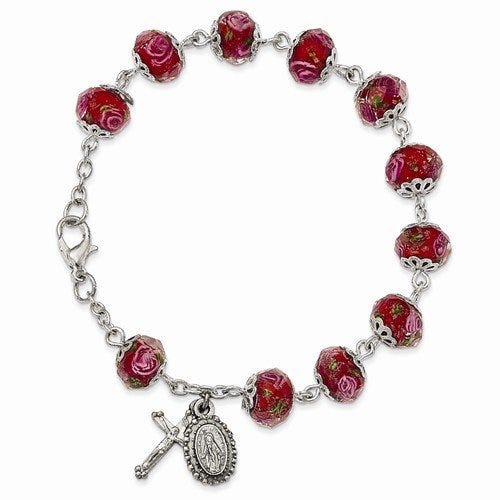 Silver-Tone Handpainted Red Beads Rosary Bracelet