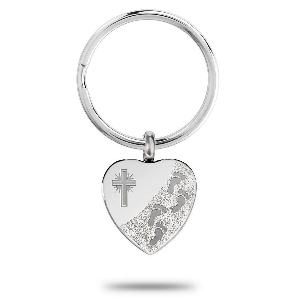 Heart Shape Cross with Footprints Cremation and Ash Vessel Keychain