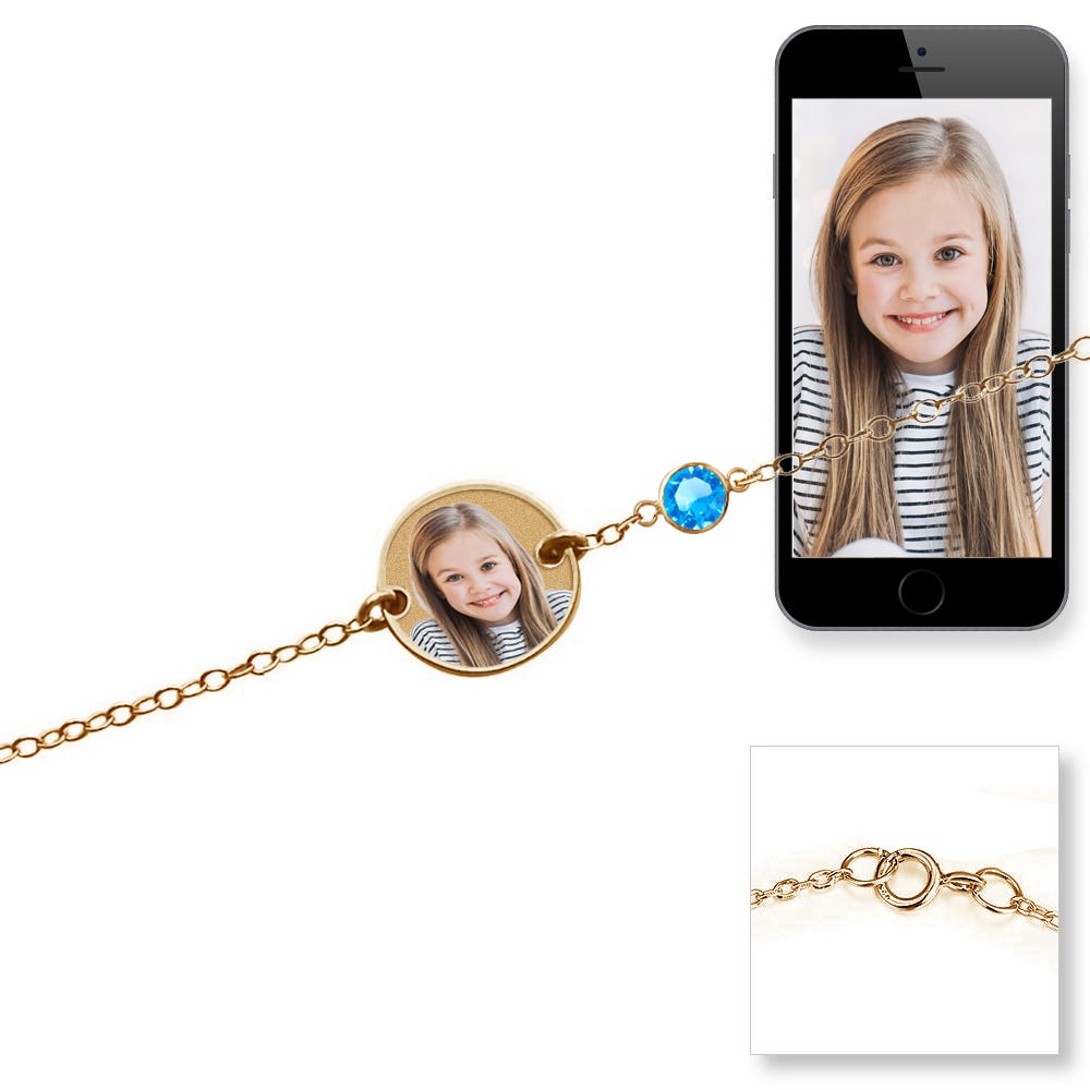 Round Photo Engraved Bracelet with Birthstone