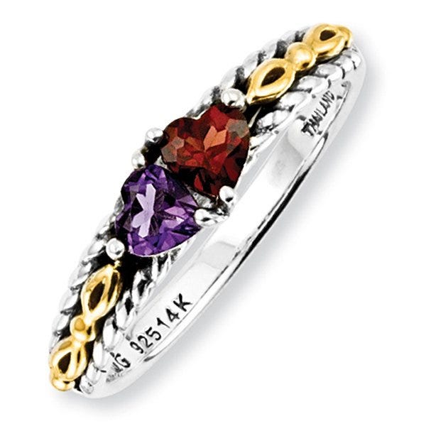 Sterling Silver & 14K Gold Antiqued Mother's Ring with Two Heart Stones