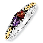 Sterling Silver & 14K Gold Antiqued Mother's Ring with Two Heart Stones