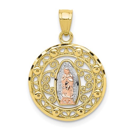 10K Tri-Color Our Lady of Guadalupe Round Milgrain with Diamond-Cut Religious Medal
