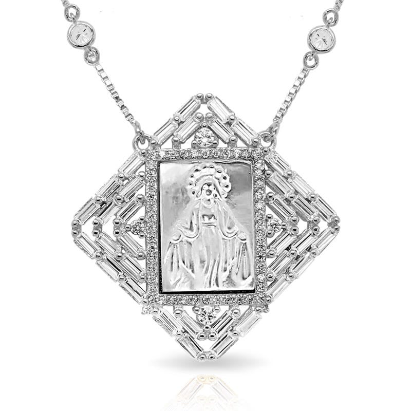 Mother Of Pearl Miraculous Square Medal With Cz Ornate Border