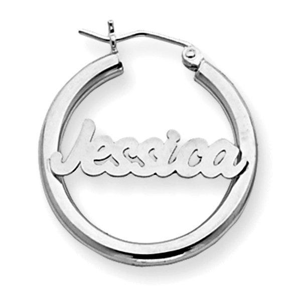 14K White Gold Polished Name Script Quarter-Sized Hoop Earrings