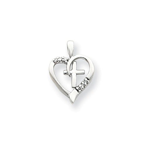 14K White Gold Aa Diamond Heart And Cross Pendant
