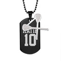Black Stainless Steel Sports Name and Number Dog Tag with Lacrose Charm